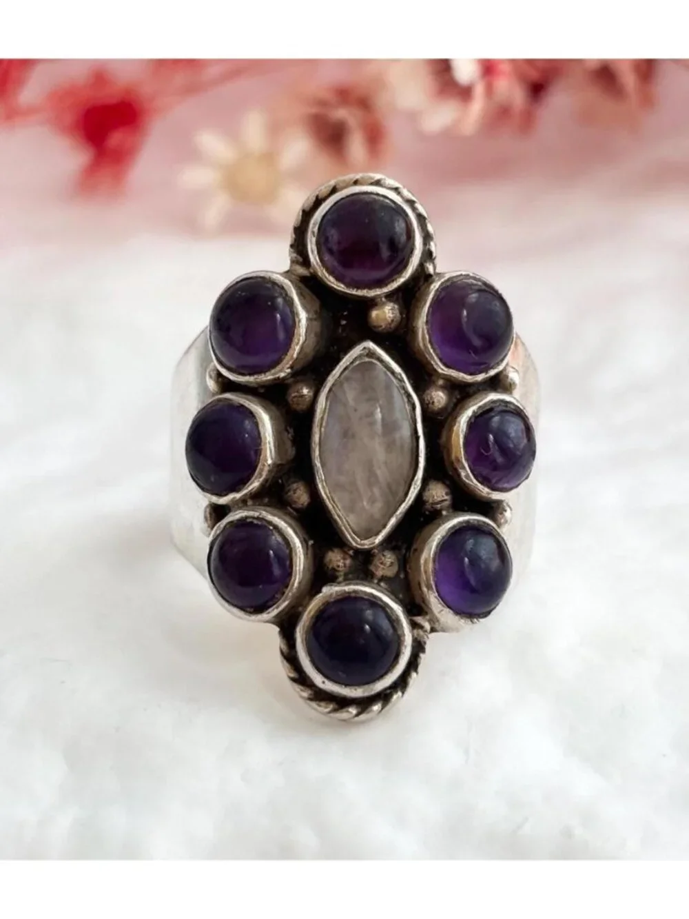 Amethyst Cabochon & Moonstone Art Deco Sterling Silver 925 Vintage Ring sz 6.75